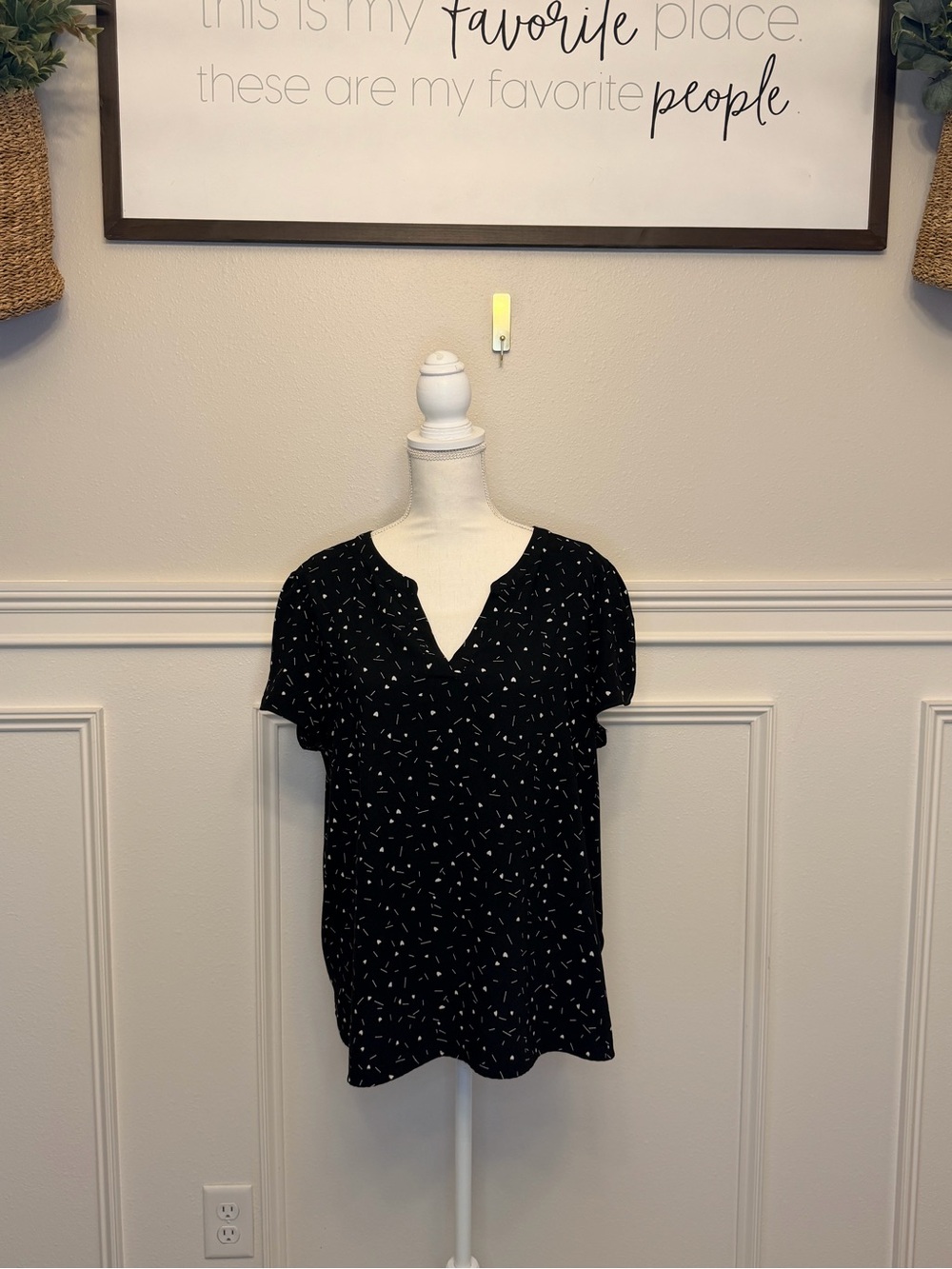 Hilary Radley Black Short-Sleeve V-Neck Top with White Micro Print